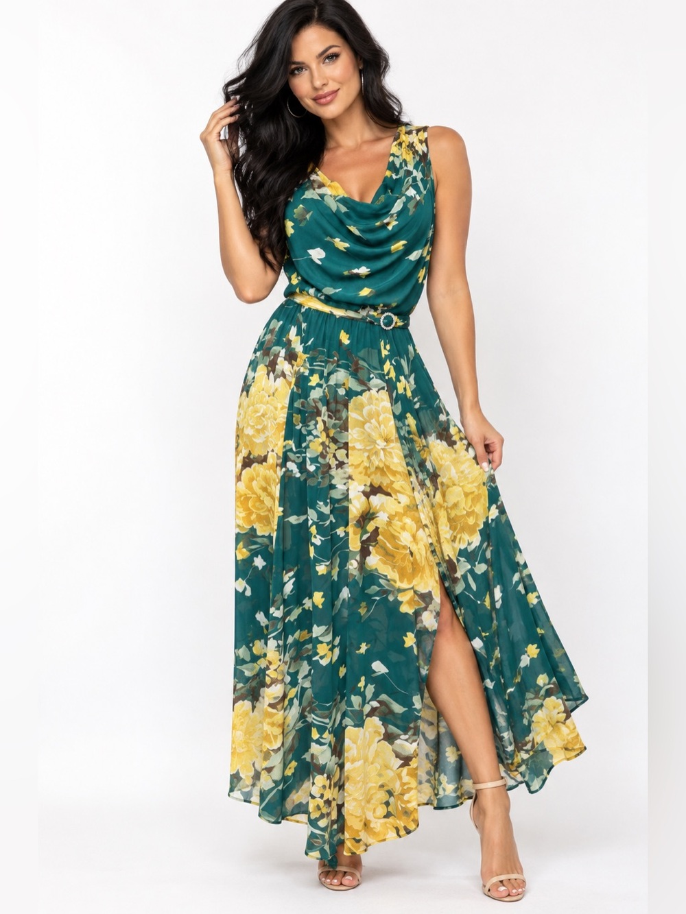Alexa B Teal Green Maxi Dress with Yellow Floral Print and Rhinestone Belt